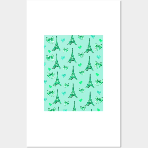 Girly Eiffel Tower Pattern in Watercolours Mint Blue Background Wall Art by ArtInPi